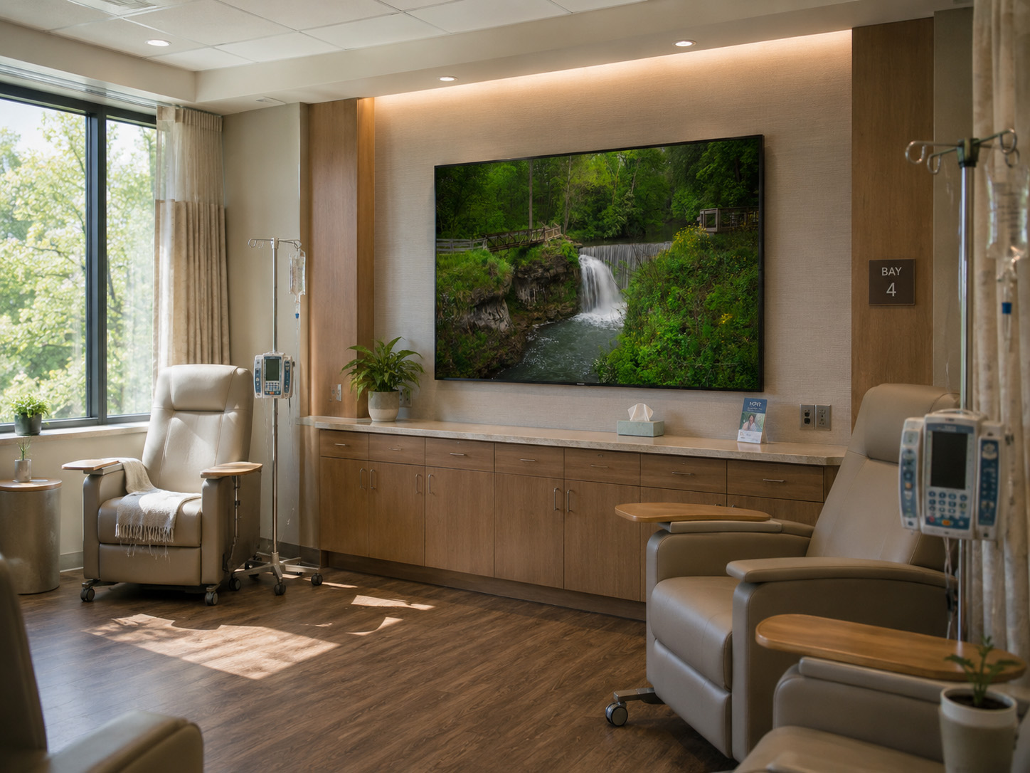 Healthcare waiting room with black and white mountain landscape photography by Dan Sproul